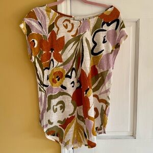 Rachel Zoe 100% Linen Floral Colorful Short Sleeve Top Large